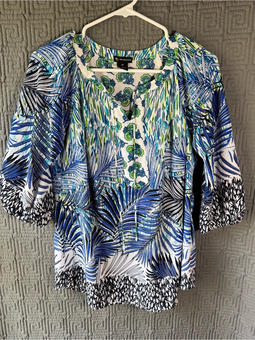 New Directions Womens Plus Blouse 0X Blue Green Tropical Palm Floral Peasant Top